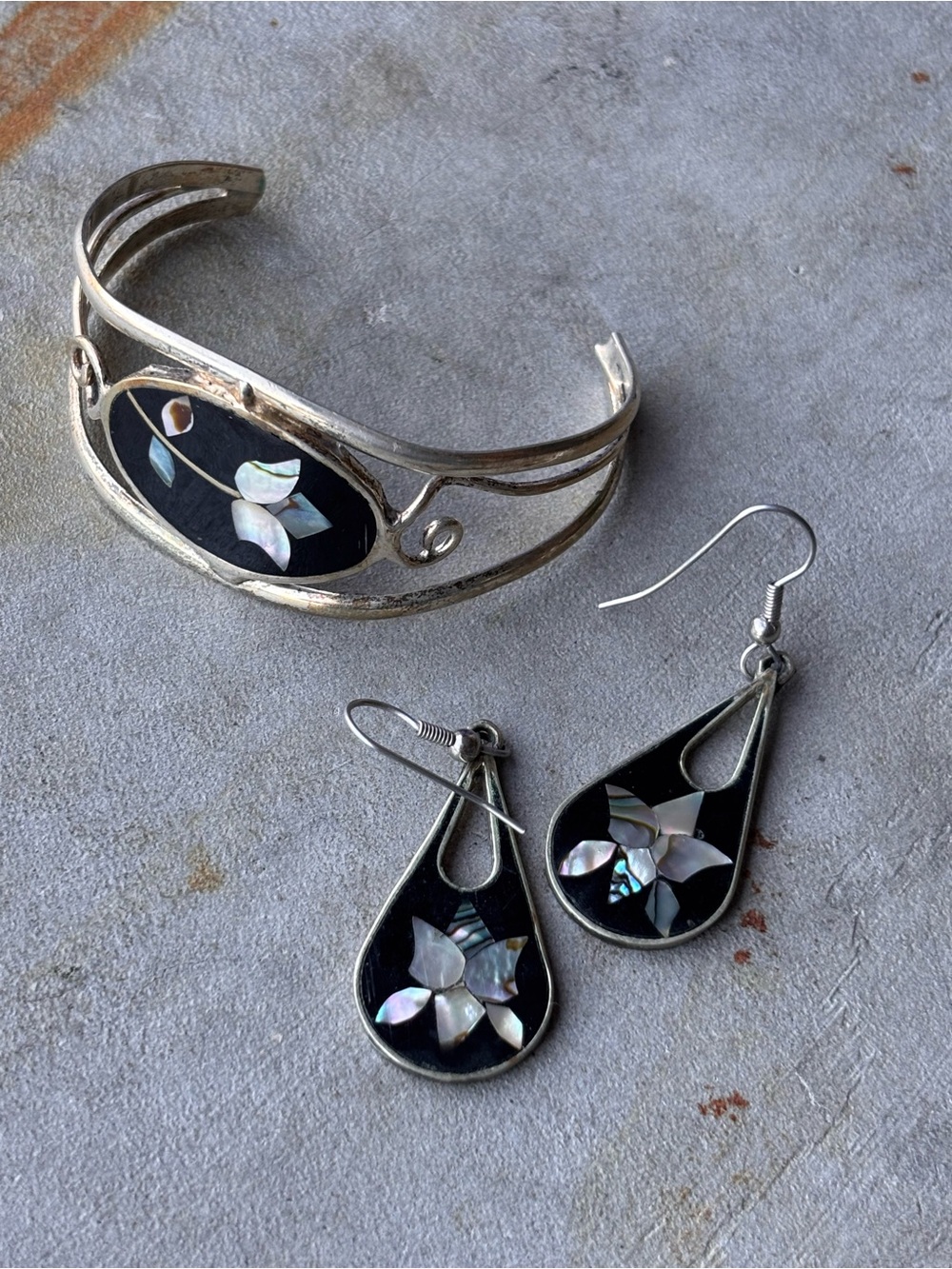 Vintage Alpaca Mexico Silver Abalone & Black Inlay Cuff Bracelet Earrings